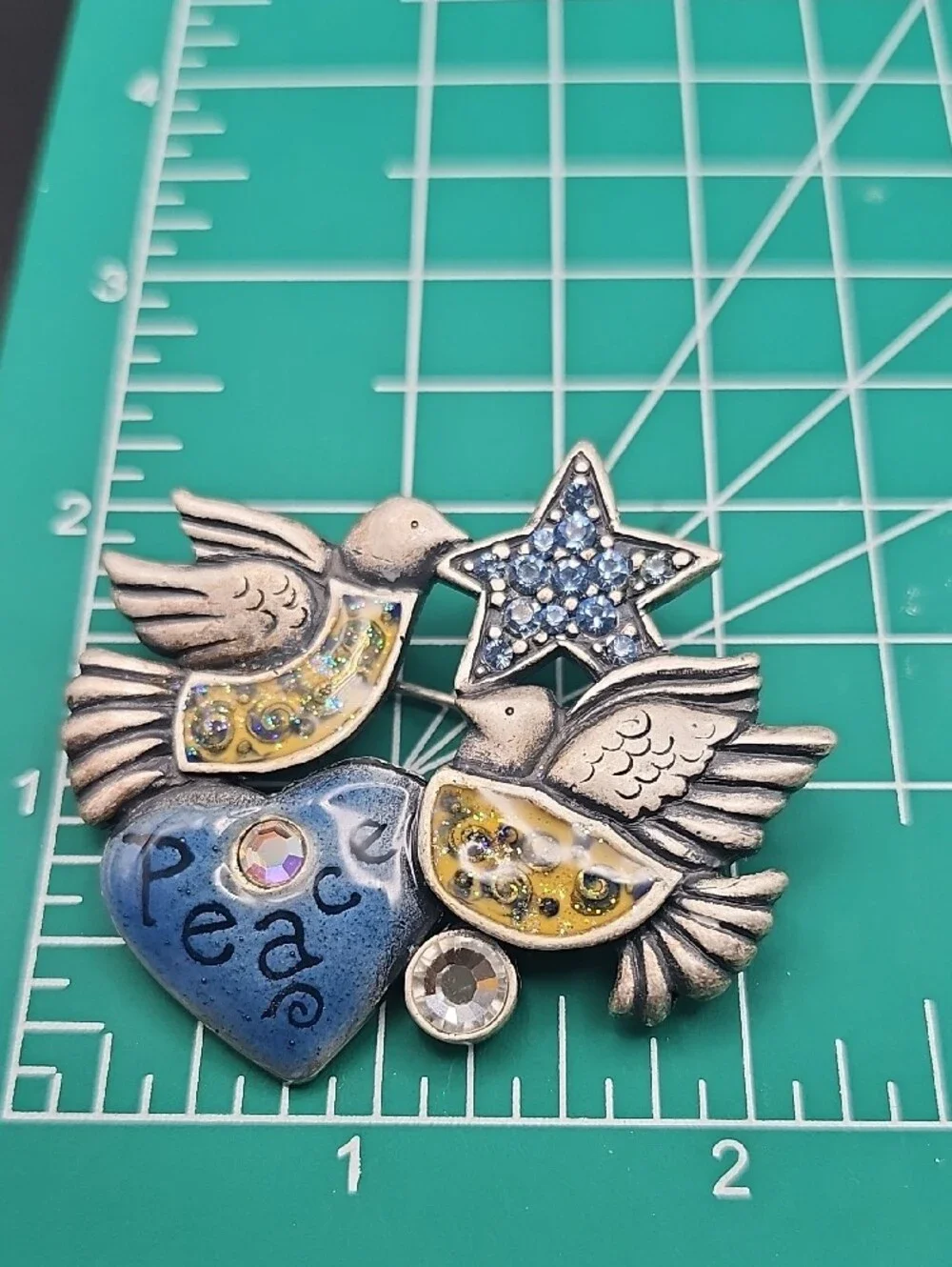 Dove Heart and Star Brooch with Blue Heart and Yellow Details